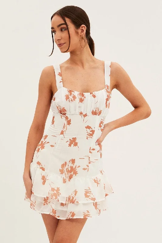 White Floral Fit And Flare Dress Sleeveless Square Neck