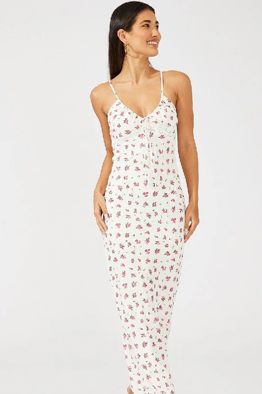 White Floral Maxi Dress Sleeveless