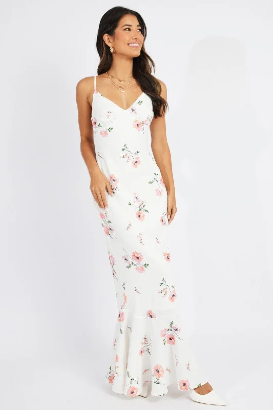 White Floral Maxi Dress Strappy