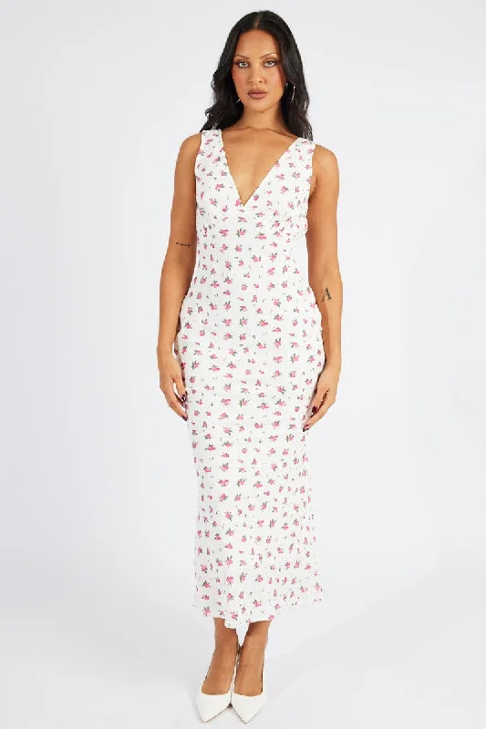 White Floral Maxi Dress V-Neck Sleeveless