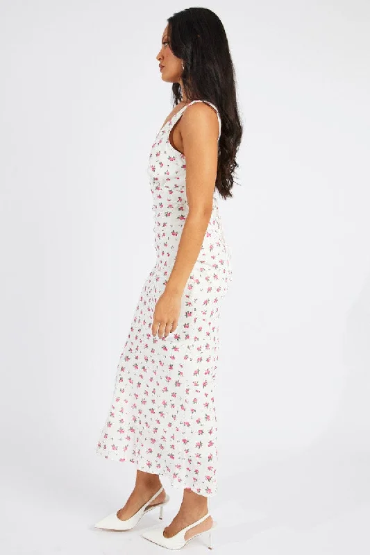 White Floral Maxi Dress V-Neck Sleeveless