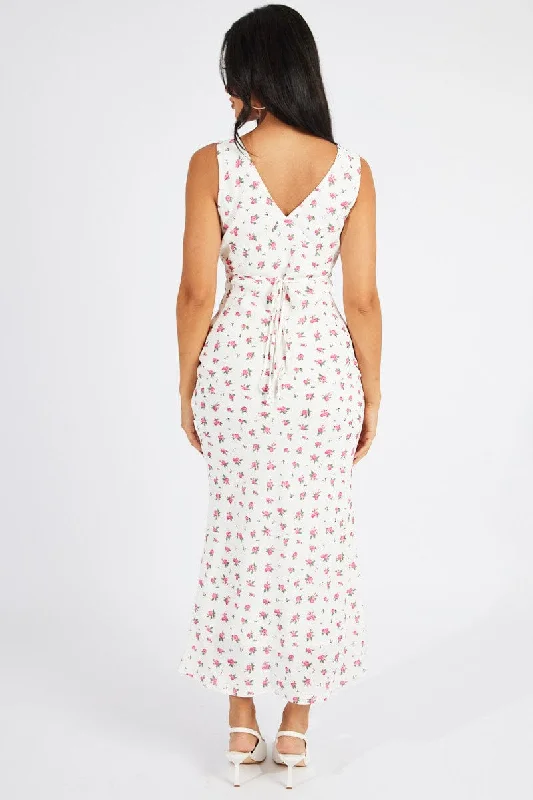 White Floral Maxi Dress V-Neck Sleeveless