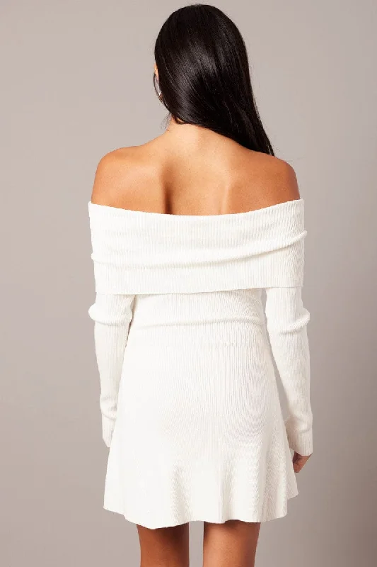 White Knit Dress Long Sleeve Off Shoulder