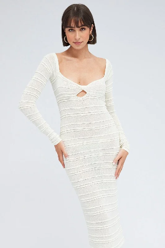 White Knit Dress Long Sleeve Sweetheart Twist Crochet