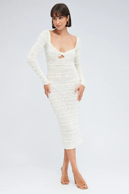 White Knit Dress Long Sleeve Sweetheart Twist Crochet