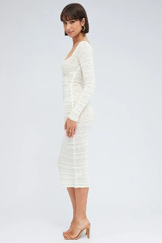 White Knit Dress Long Sleeve Sweetheart Twist Crochet