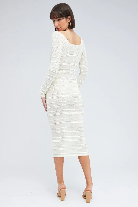 White Knit Dress Long Sleeve Sweetheart Twist Crochet