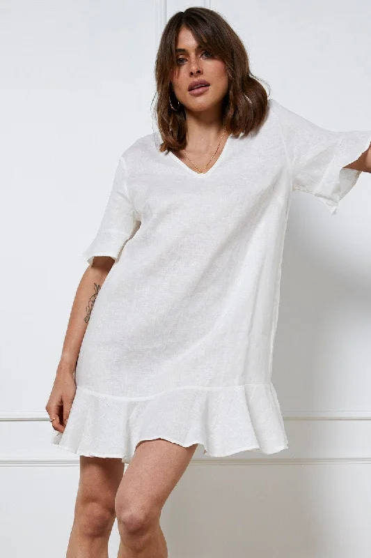 White Mini Dress Short Sleeve Linen