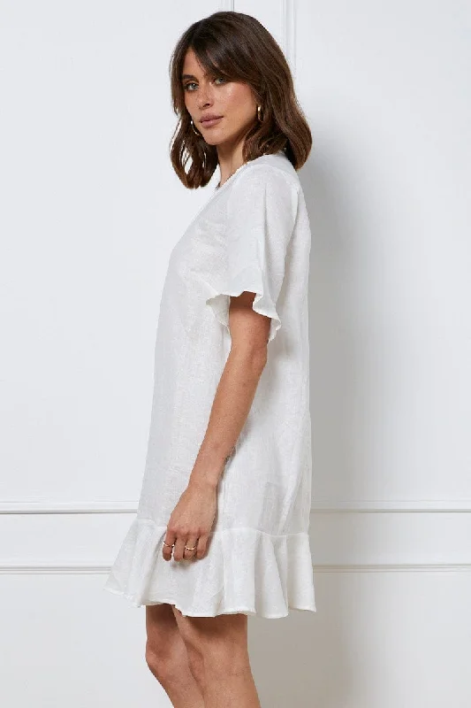 White Mini Dress Short Sleeve Linen