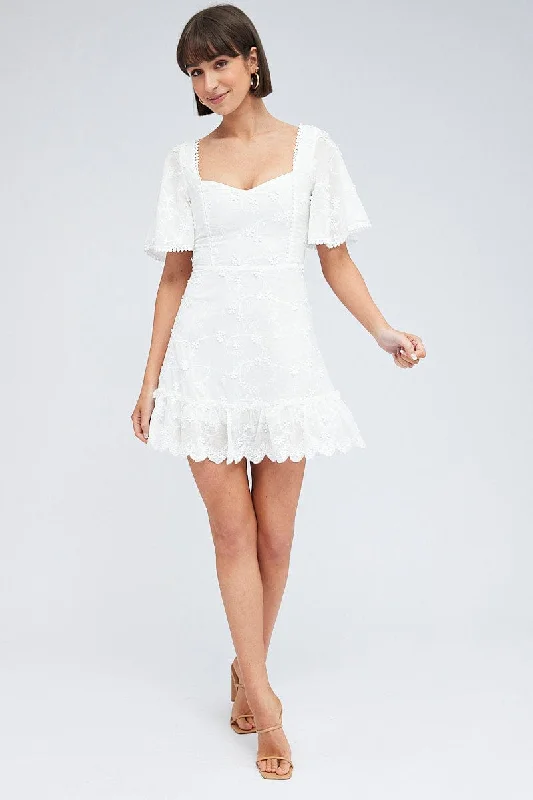 White Mini Dress Wing Sleeve Cotton Lace