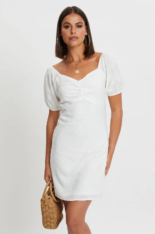 White Puff Sleeve Gathered Bust Mini Dress