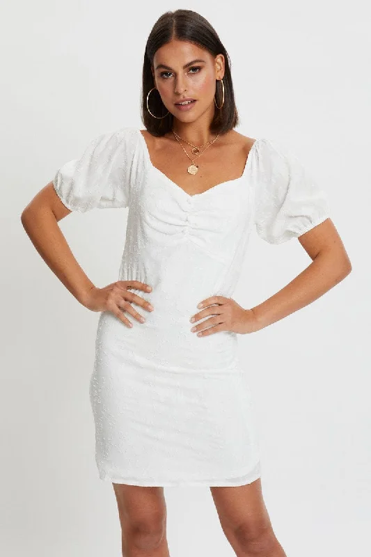 White Puff Sleeve Gathered Bust Mini Dress