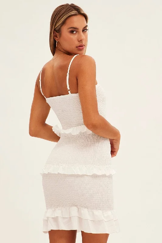 White Shirred Bodycon Dress