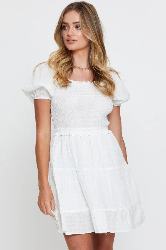 White Shirred Dress Short Sleeve Mini