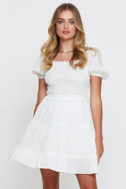 White Shirred Dress Short Sleeve Mini