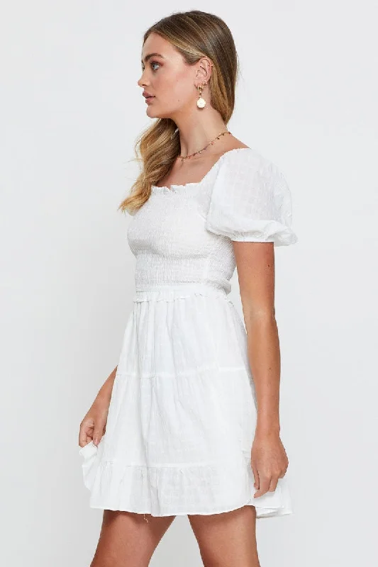 White Shirred Dress Short Sleeve Mini