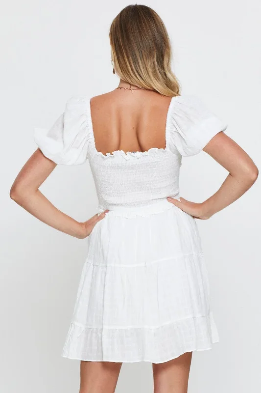 White Shirred Dress Short Sleeve Mini