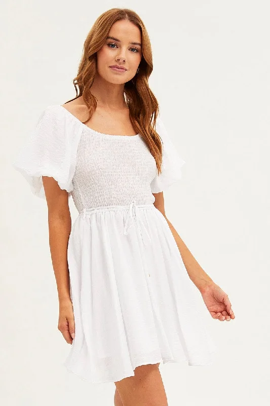 White Skater Dress Short Sleeve Round Neck Shirring