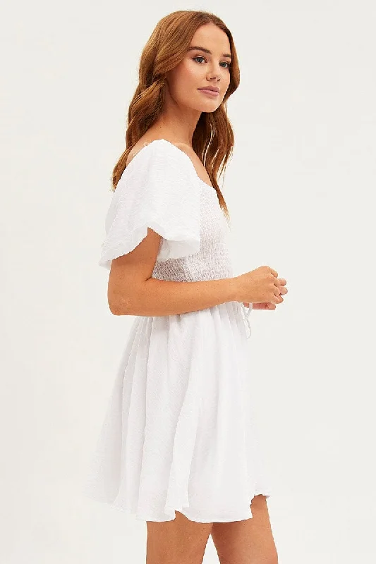 White Skater Dress Short Sleeve Round Neck Shirring