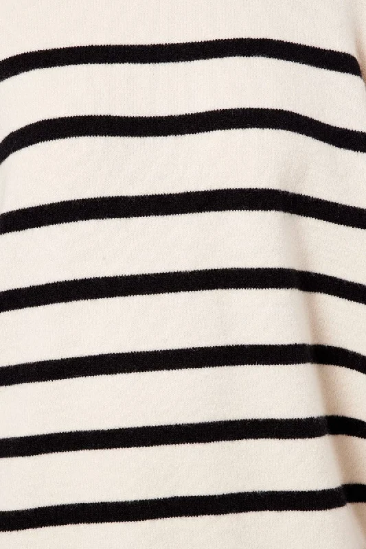 White Stripe Knit Dress Long Sleeve Crew Neck Oversized