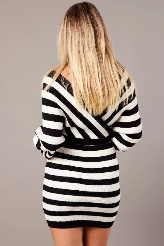 White Stripe Wrap Neck Knit Bodycon Dress