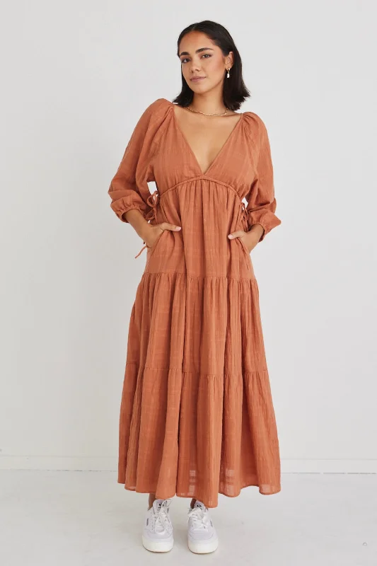 Wilds Terracotta LS V Neck Tiered Midi Dress