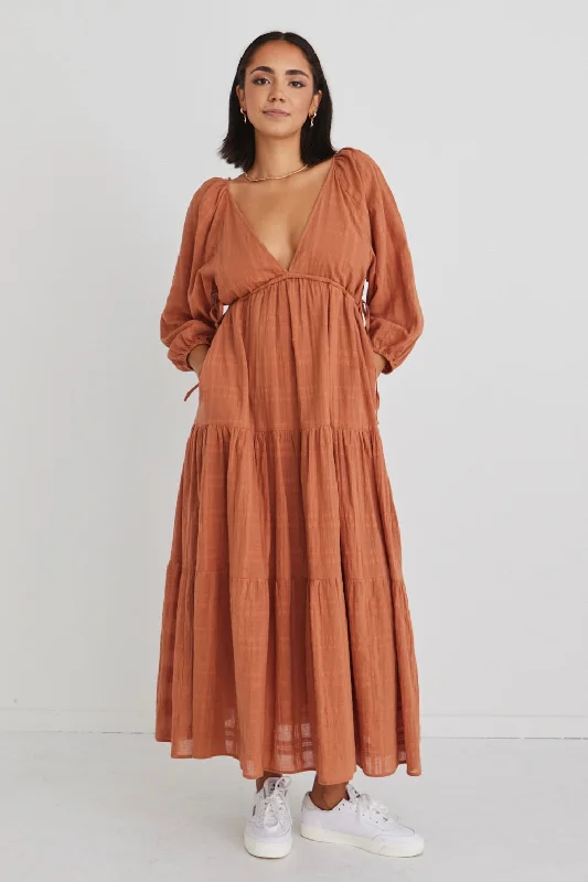 Wilds Terracotta LS V Neck Tiered Midi Dress