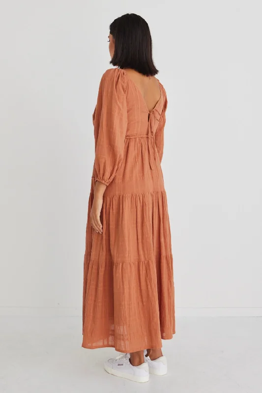 Wilds Terracotta LS V Neck Tiered Midi Dress