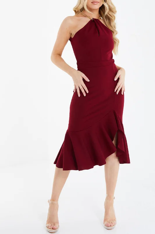 Wine Scuba Crepe Chain Halter Frill Hem Midi Dress