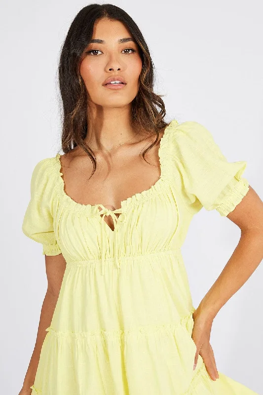 Yellow Fit And Flare Dress Puff Sleeve Mini