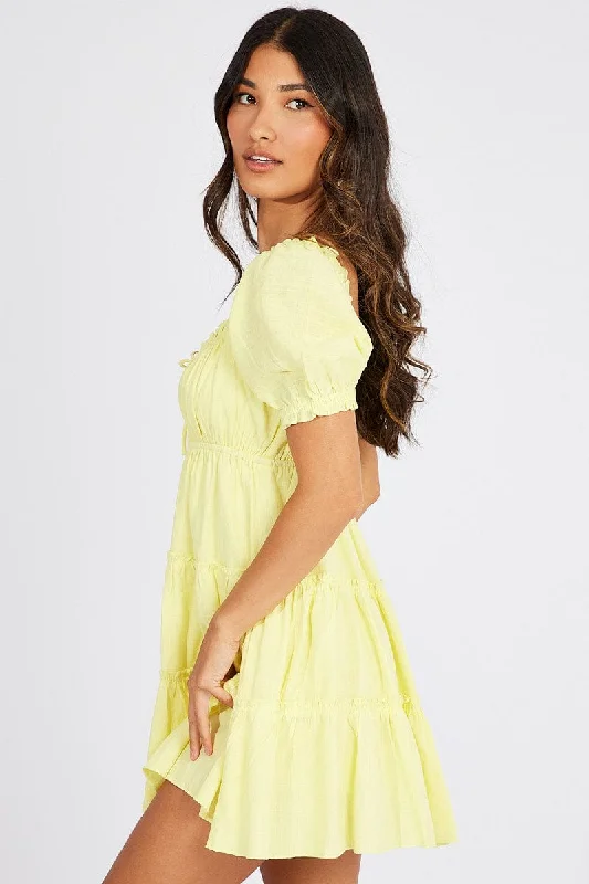 Yellow Fit And Flare Dress Puff Sleeve Mini