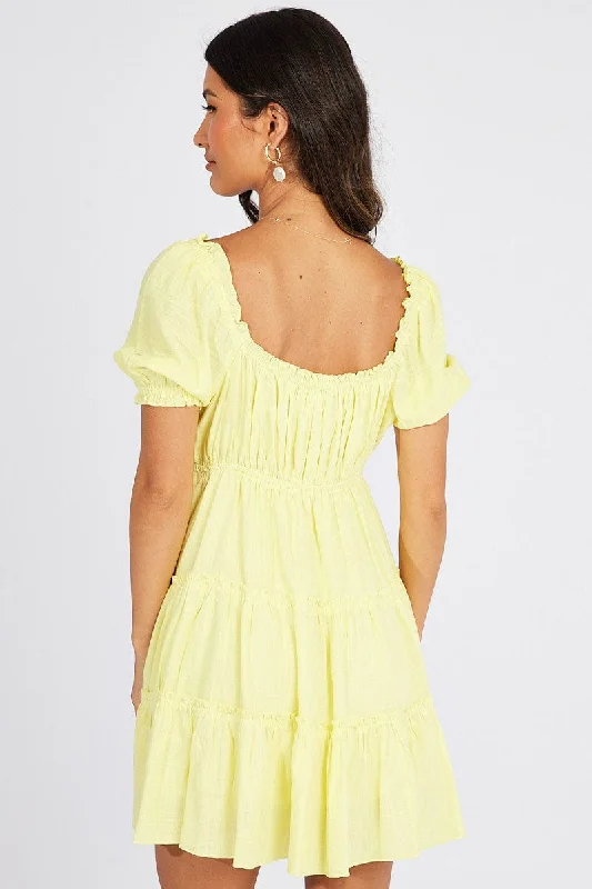 Yellow Fit And Flare Dress Puff Sleeve Mini