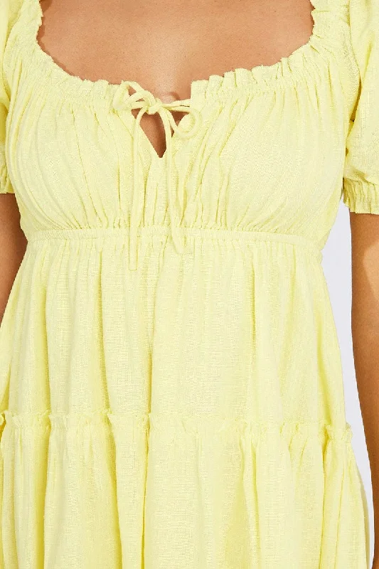 Yellow Fit And Flare Dress Puff Sleeve Mini