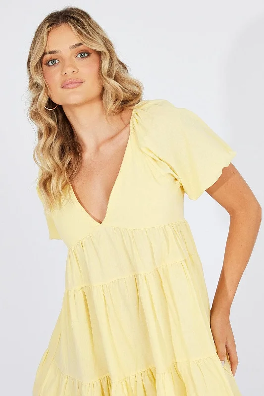 Yellow Mini Dress Puff Sleeve