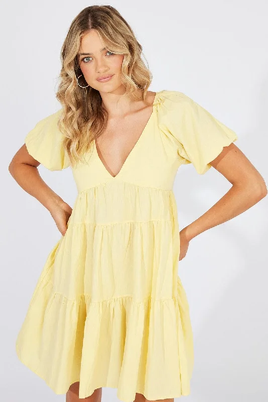 Yellow Mini Dress Puff Sleeve