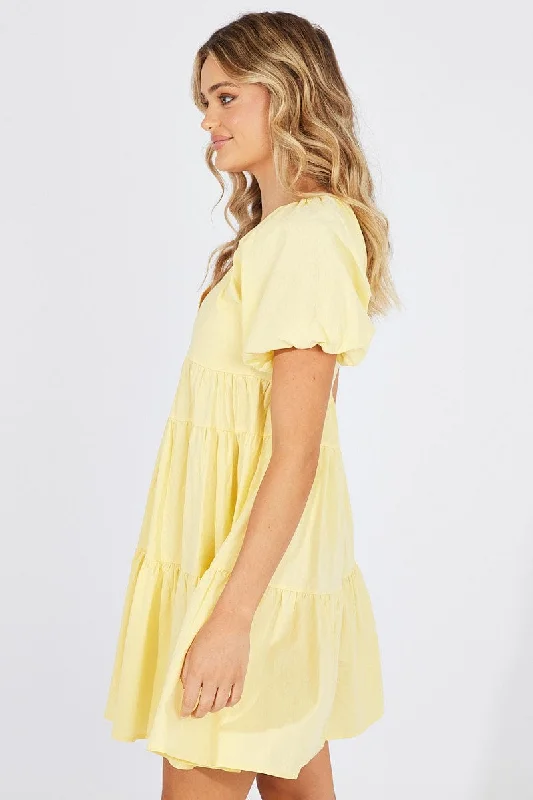 Yellow Mini Dress Puff Sleeve