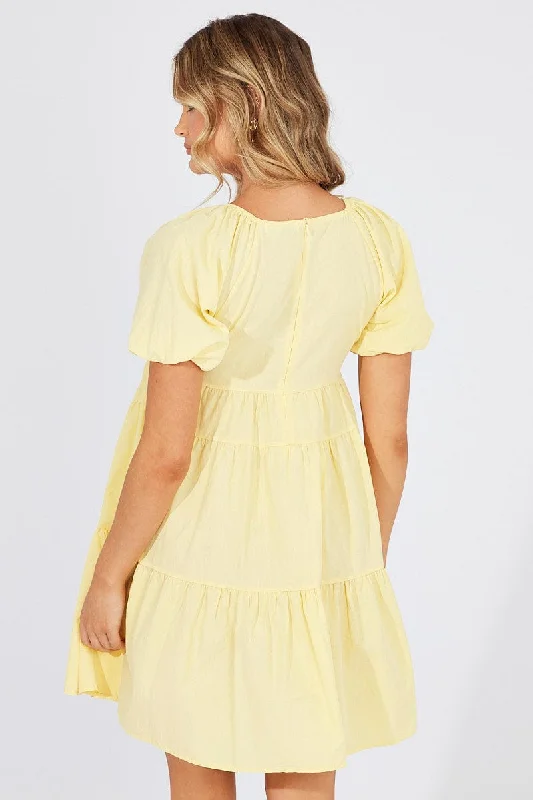 Yellow Mini Dress Puff Sleeve