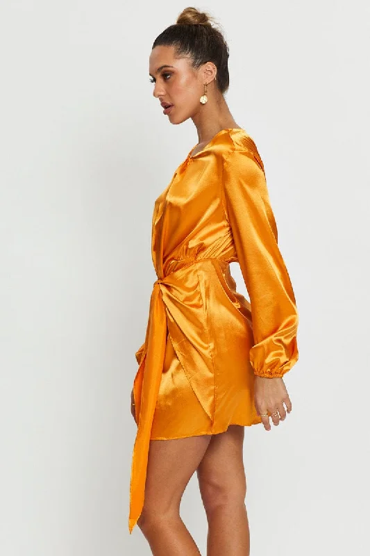 Yellow Wrap Dress Mini Satin