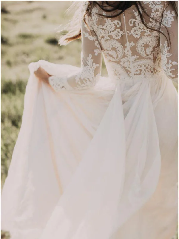 A-line Scoop Lace Wedding Dress Long Sleeve Rustic Wedding Dresses WD521