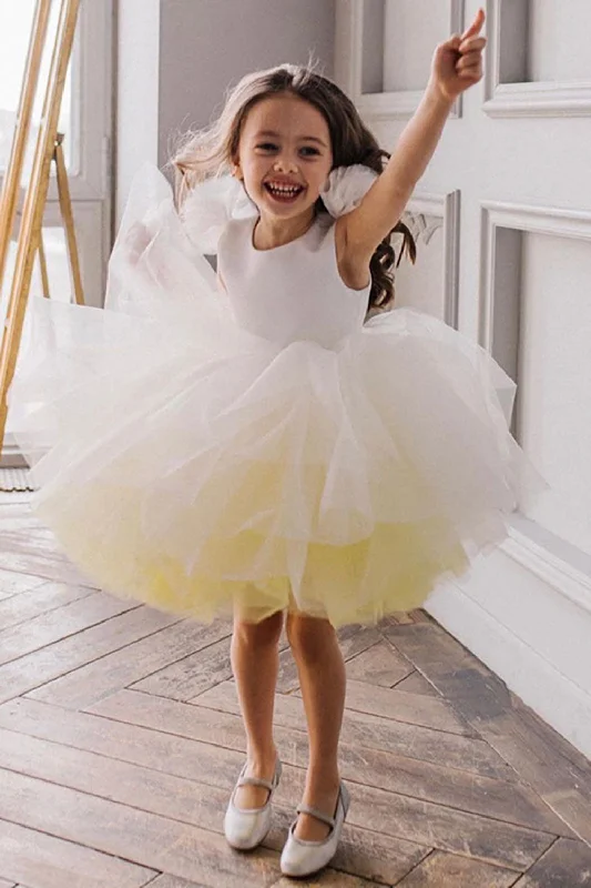 A-Line Tulle Open Back Light Yellow Flower Girl Dress