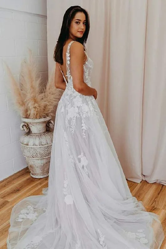 A-line V Neck Tulle Lace Appliques Romantic Wedding Dress Bridal Gown WD480