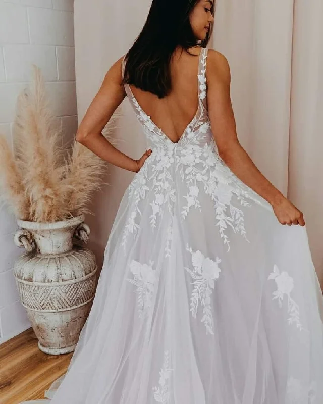 A-line V Neck Tulle Lace Appliques Romantic Wedding Dress Bridal Gown WD480