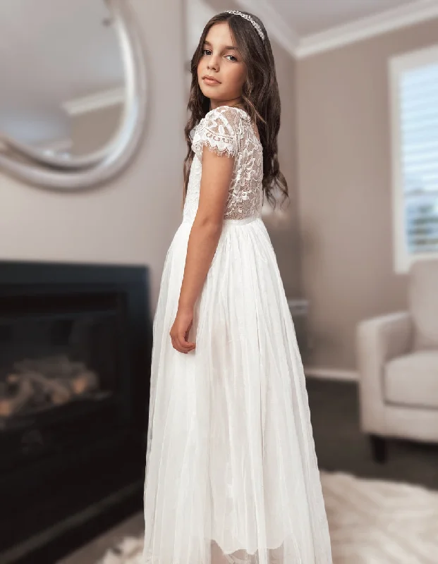 Celeste Girls White Lace & Tulle Dress