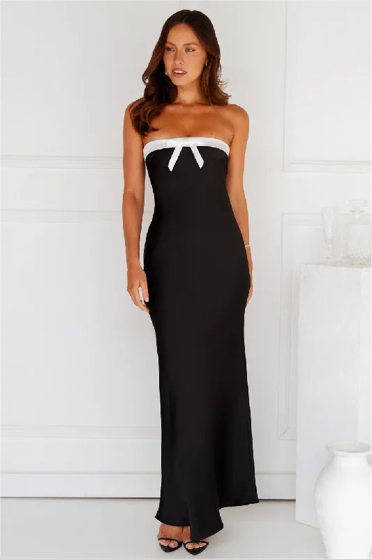 Coquette Touch Strapless Satin Maxi Dress Black