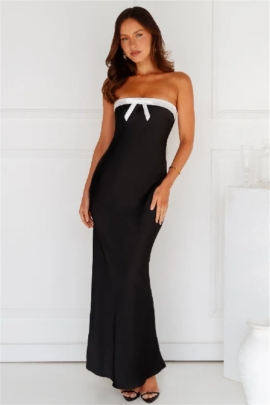 Coquette Touch Strapless Satin Maxi Dress Black