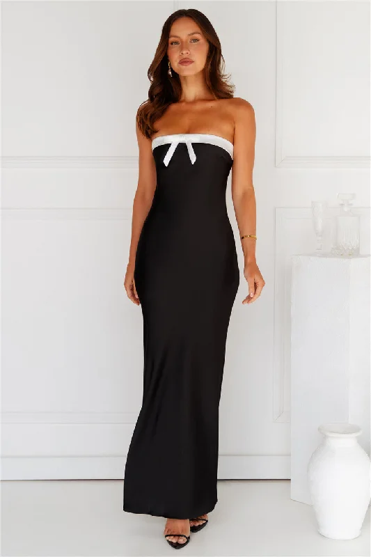 Coquette Touch Strapless Satin Maxi Dress Black