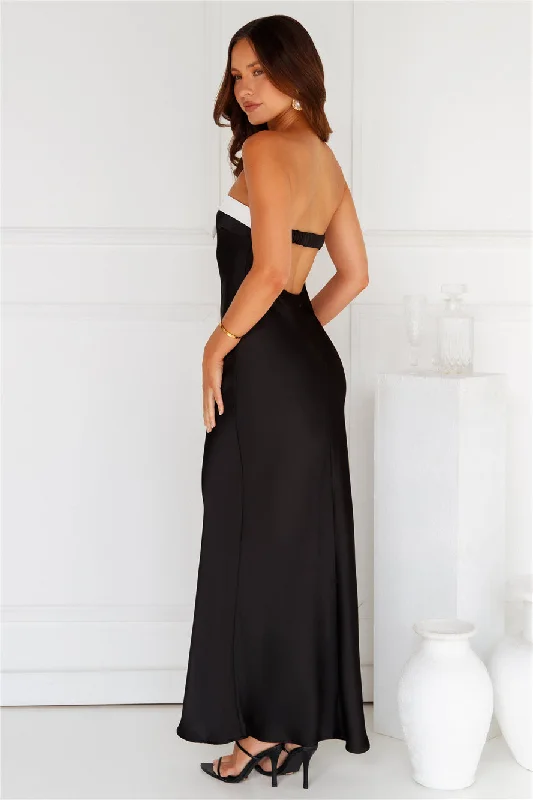 Coquette Touch Strapless Satin Maxi Dress Black