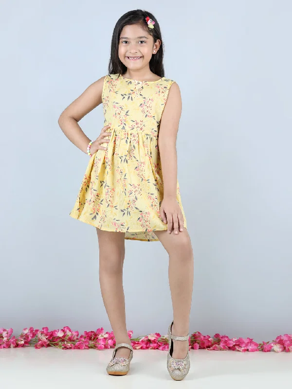 Cutiekins Floral & Dot Printed Sleevless Dress- Yellow & Grey