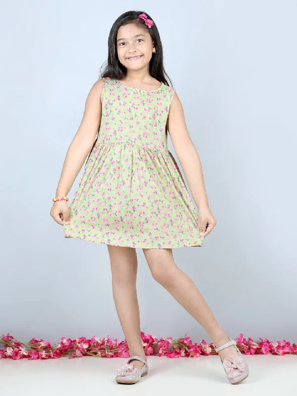 Cutiekins Floral Printed Sleevless Dress- Green & Pink