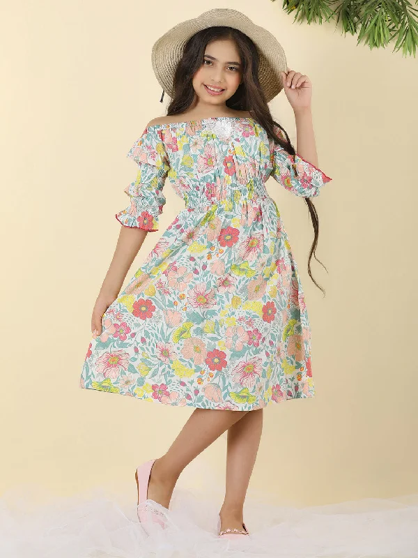 Cutiekins Girls Off Shoulder Floral Print Dress -White & Green